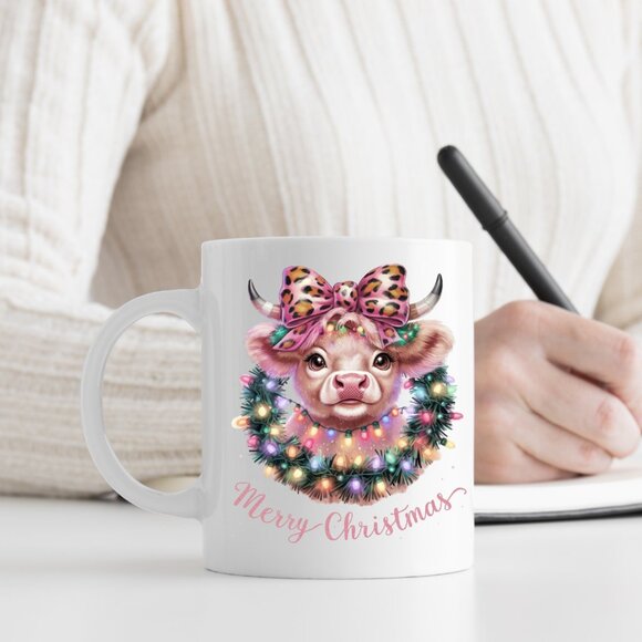 🎄 Pink Cow Merry Christmas 11oz White Ceramic Mug – Perfect Holiday Gift! - Picture 4 of 4